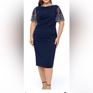 Betsy & Adam Navy Dress with Beaded Sleeves